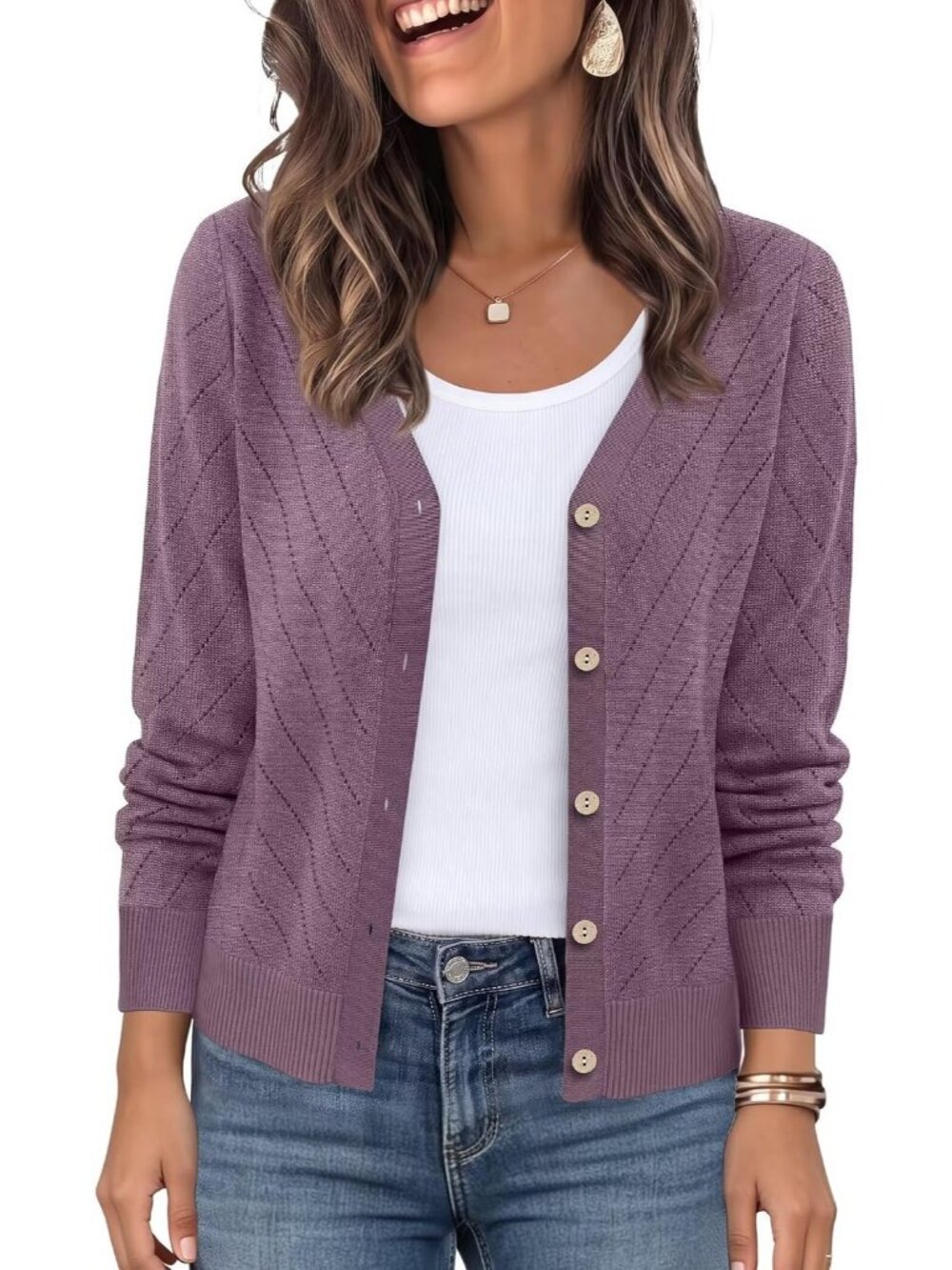 Women's Purple Cardigan V Neck Button Down Long Sleeve Diagonal Knit Sweaters